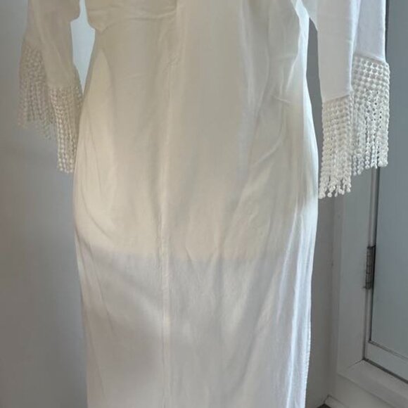Solitary Swim White Beach Cover-Up Dress With Crochet And Fringe Sleeves - US S - Picture 4 of 8